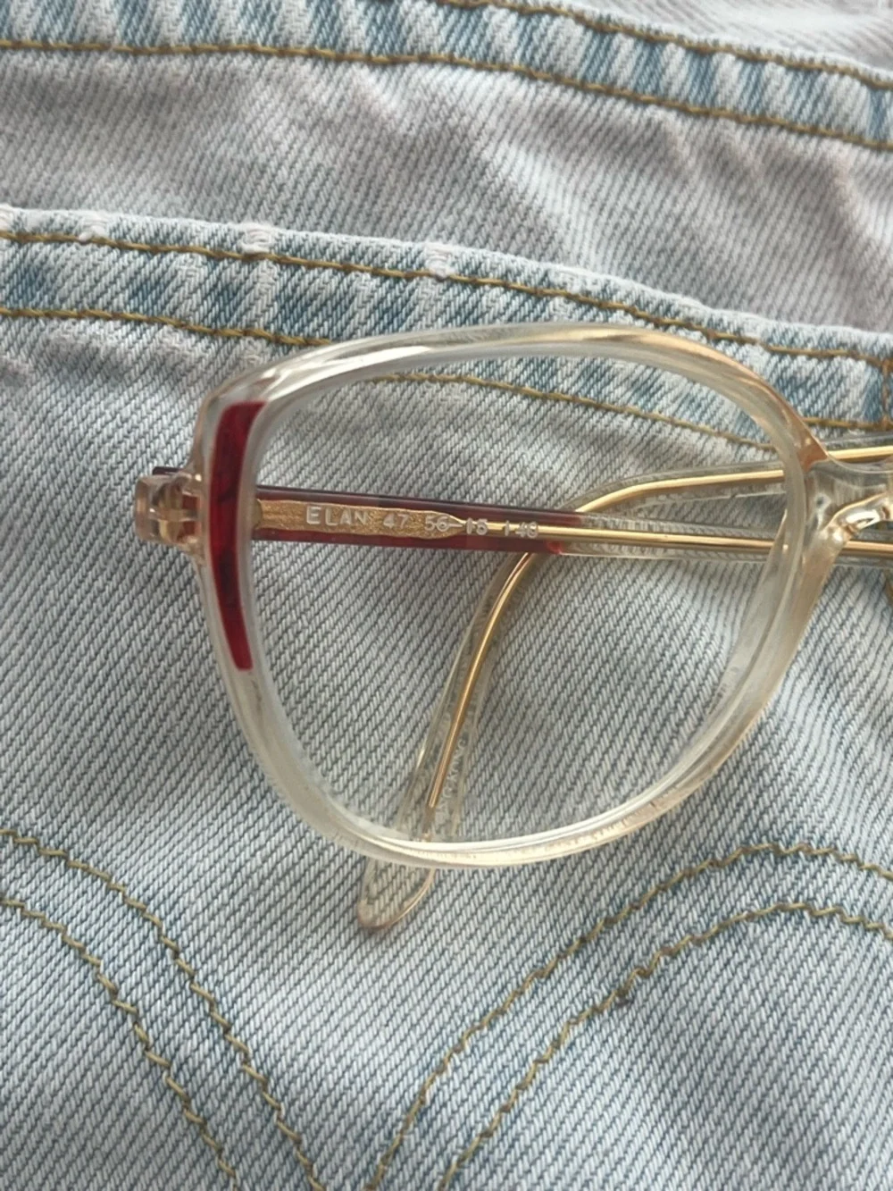 Vintage 80s big Clear & Gold Eyeglasses with Red Accents